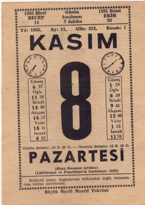 8 Kasım 1965 Takvim Yaprağı EFM(N)3664 - 1