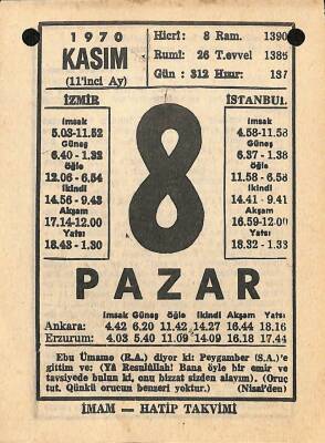 8 Kasım 1970 Takvim Yaprağı - Doğum Günü Hediyesi EFM(N)10740 - 1