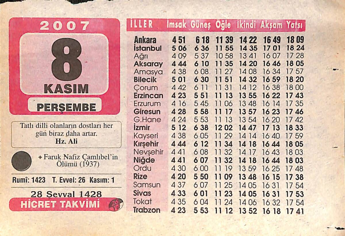 8 Kasım 2007 Takvim Yaprağı - Doğum Günü Hediyesi EFMN16013 - 1