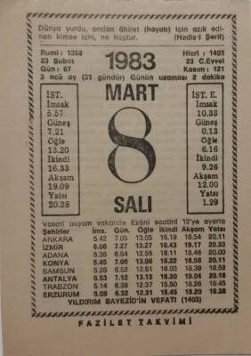 8 Mart 1983 Takvim Yaprağı - Doğum Günü Hediyesi EFM(N)7922 - 1