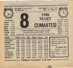8 Mart 1986 Takvim Yaprağı EFM(N)5918 - 3