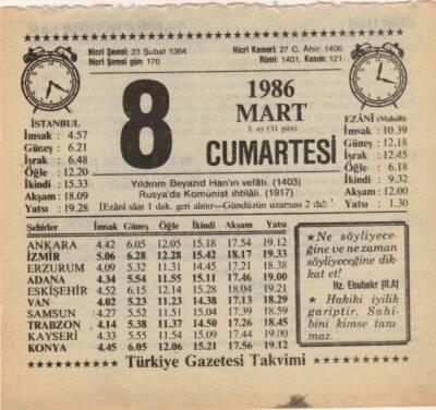 8 Mart 1986 Takvim Yaprağı EFM(N)5918 - 3