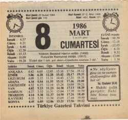 8 Mart 1986 Takvim Yaprağı EFM(N)5918 - 1