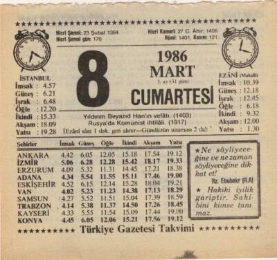 8 Mart 1986 Takvim Yaprağı EFM(N)5918 - 1