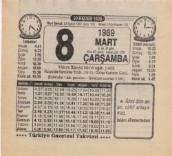 8 Mart 1989 Takvim Yaprağı EFM(N)5856 - 3
