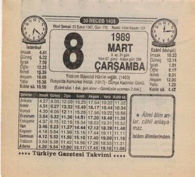 8 Mart 1989 Takvim Yaprağı EFM(N)5856 - 3