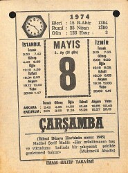 8 Mayıs 1974 Takvim Yaprağı - Doğum Günü Hediyesi EFM(N)12322 - Gökçekoleksiyon
