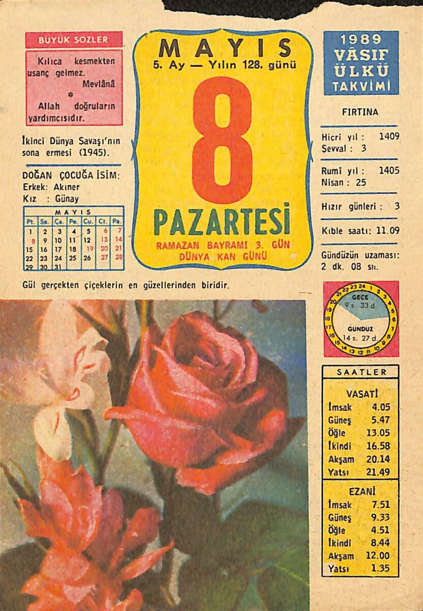 8 Mayıs 1989 Takvim Yaprağı - Doğum Günü Hediyesi EFMN13713 - 1