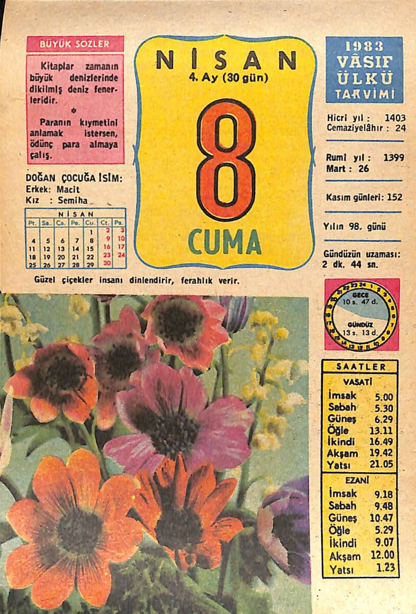 8 Nisan 1983 Takvim Yaprağı - Doğum Günü Hediyesi EFMN15152 - 1
