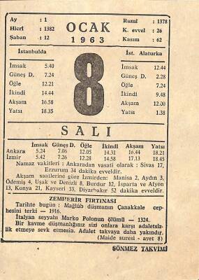 8 Ocak 1963 Takvim Yaprağı - Doğum Günü Hediyesi EFM(N)11246 - 1