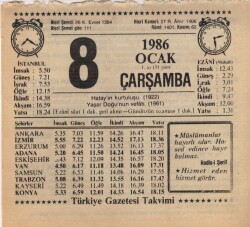 8 Ocak 1986 Takvim Yaprağı EFM(N)5026 - Gökçekoleksiyon