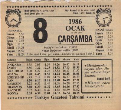 8 Ocak 1986 Takvim Yaprağı EFM(N)5026 - 1