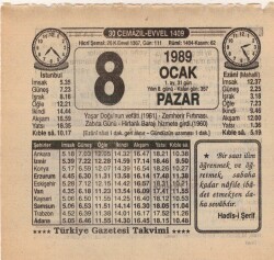 8 Ocak 1989 Takvim Yaprağı EFM(N)4716 - Gökçekoleksiyon