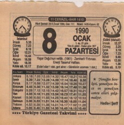 8 Ocak 1990 Takvim Yaprağı EFM(N)4685 - Gökçekoleksiyon
