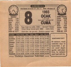 8 Ocak 1993 Takvim Yaprağı EFM(N)4840 - Gökçekoleksiyon