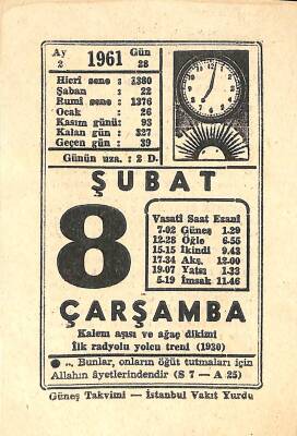 8 Şubat 1961 Takvim Yaprağı - Doğum Günü Hediyesi EFM(N)11232 - 1