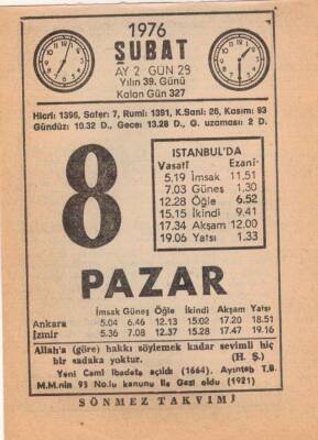 8 Şubat 1976 Takvim Yaprağı EFM(N)5275 - 1