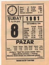 8 Şubat 1981 Takvim Yaprağı EFM(N)5416 - Gökçekoleksiyon