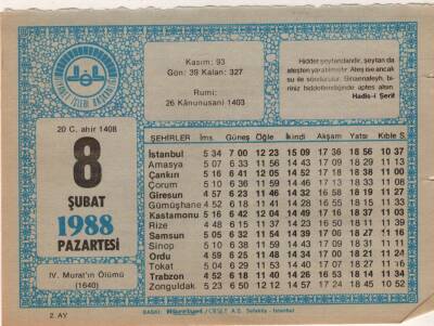 8 Şubat 1988 Takvim Yaprağı EFM(N)5498 - 1