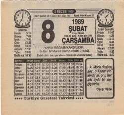 8 Şubat 1989 Takvim Yaprağı EFM(N)5360 - Gökçekoleksiyon