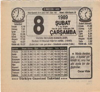 8 Şubat 1989 Takvim Yaprağı EFM(N)5360 - 1