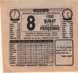 8 Şubat 1990 Takvim Yaprağı EFM(N)5191 - Gökçekoleksiyon