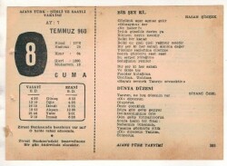 8 Temmuz 1960 Ajans Türk Takvim Yaprağı (Şiirli Saatli) EFM(N)1655 - 1