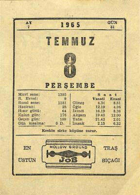 8 Temmuz 1965 Takvim Yaprağı - Doğum Günü Hediyesi EFM(N)11653 - 1