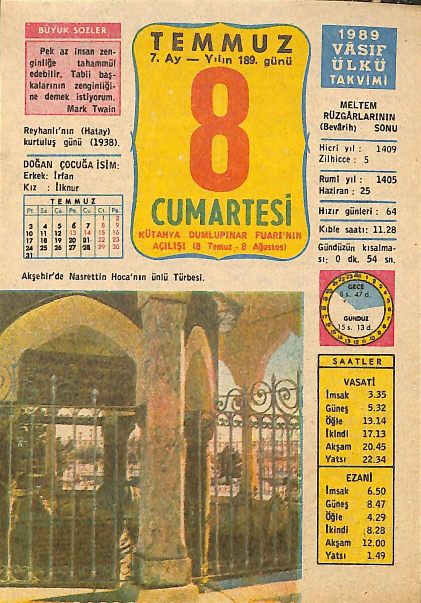8 Temmuz 1989 Takvim Yaprağı - Doğum Günü Hediyesi EFMN13898 - 1
