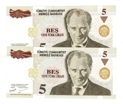 8.Emisyon 1.Tertip 5 Yeni Türk Lirası (5 YTL) Seri A74/A75 ...444 - ÇİL TCK10209 - 2