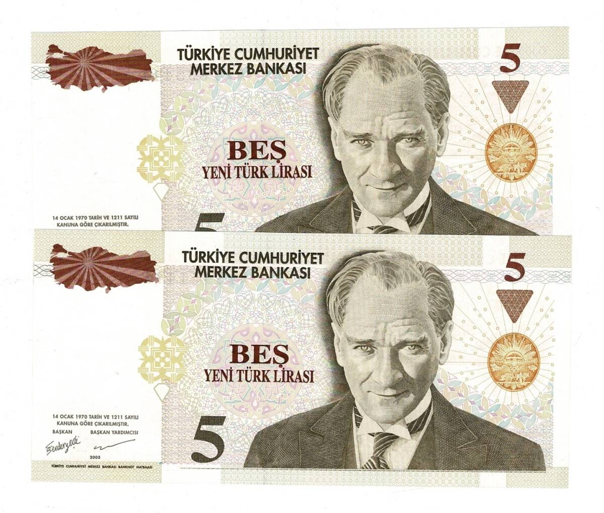 8.Emisyon 1.Tertip 5 Yeni Türk Lirası (5 YTL) Seri A74/A75 ...444 - ÇİL TCK10209 - 2