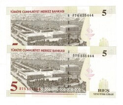 8.Emisyon 1.Tertip 5 Yeni Türk Lirası (5 YTL) Seri A74/A75 ...444 - ÇİL TCK10209 - 3