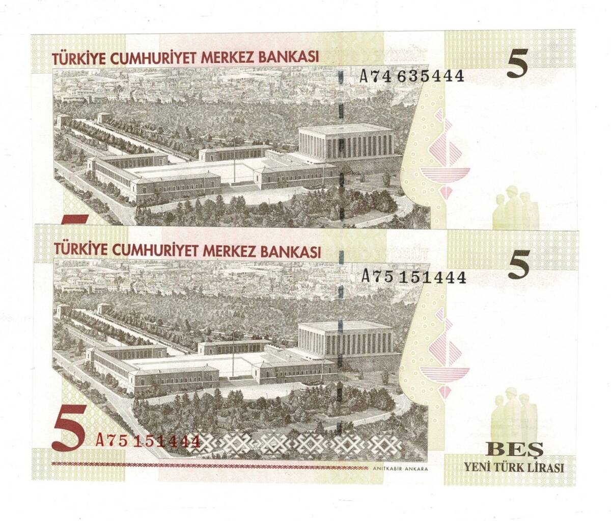 8.Emisyon 1.Tertip 5 Yeni Türk Lirası (5 YTL) Seri A74/A75 ...444 - ÇİL TCK10209 - 3