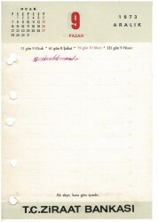 9 -10 Aralık 1973 Ziraat Bankası Masa Takvimi Takvim Yaprağı EFM1259 - 1