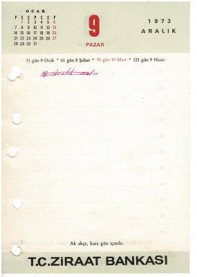 9 -10 Aralık 1973 Ziraat Bankası Masa Takvimi Takvim Yaprağı EFM1259 - 1