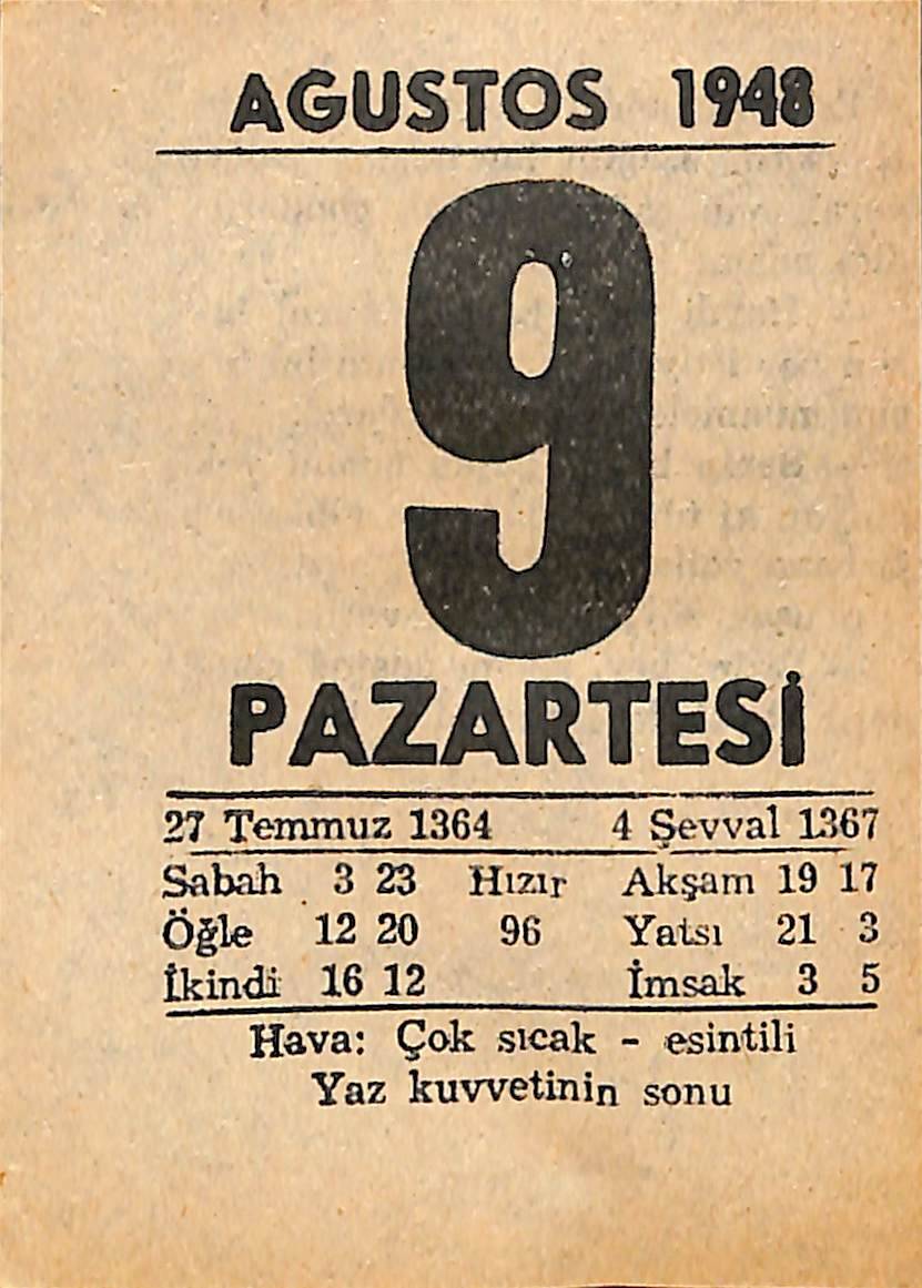 9 Ağustos 1948 Takvim Yaprağı - Doğum Günü Hediyesi EFMN14429 - 1