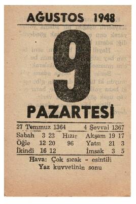 9 Ağustos 1948 Takvim Yaprağı EFM859 - 3