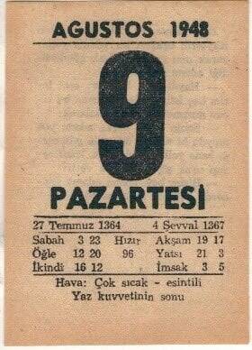 9 Ağustos 1948 Takvim Yaprağı EFM(N)1455 - 1