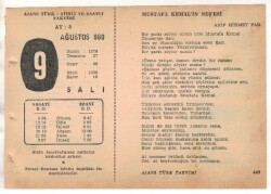 9 Ağustos 1960 Ajans Türk Takvim Yaprağı (Şiirli Saatli) EFM(N) 1687 - 3