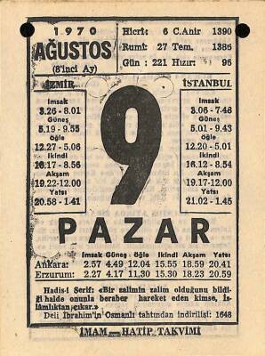 9 Ağustos 1970 Takvim Yaprağı - Doğum Günü Hediyesi EFM(N)9676 - 1