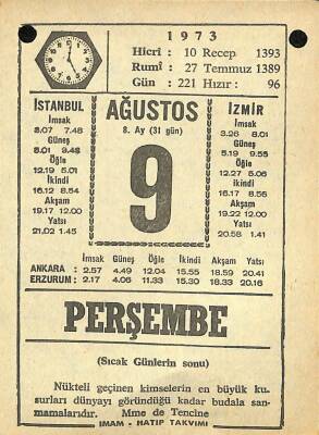 9 Ağustos 1973 Takvim Yaprağı - Doğum Günü Hediyesi EFM(N)10109 - 1