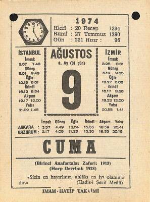 9 Ağustos 1974 Takvim Yaprağı - Doğum Günü Hediyesi EFM(N)12208 - 1