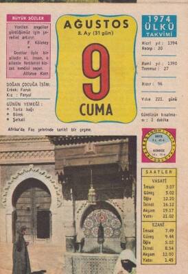 9 Ağustos 1974 Takvim Yaprağı -Doğum Günü Hediyesi EFM(N)6320 - 1