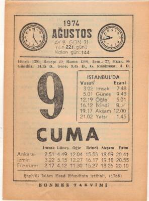 9 Ağustos 1974 Takvim Yaprağı EFM(N)2306 - 3
