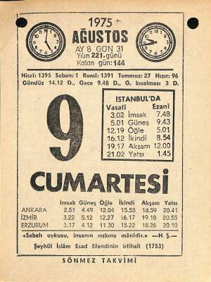 9 Ağustos 1975 Takvim Yaprağı - Doğum Günü Hediyesi EFM(N)9645 - 1