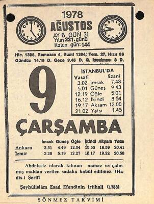 9 Ağustos 1978 Takvim Yaprağı - Doğum Günü Hediyesi EFM(N)9727 - 2
