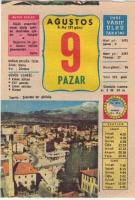 9 Ağustos 1981 Takvim Yaprağı EFM(N)2750 - 3
