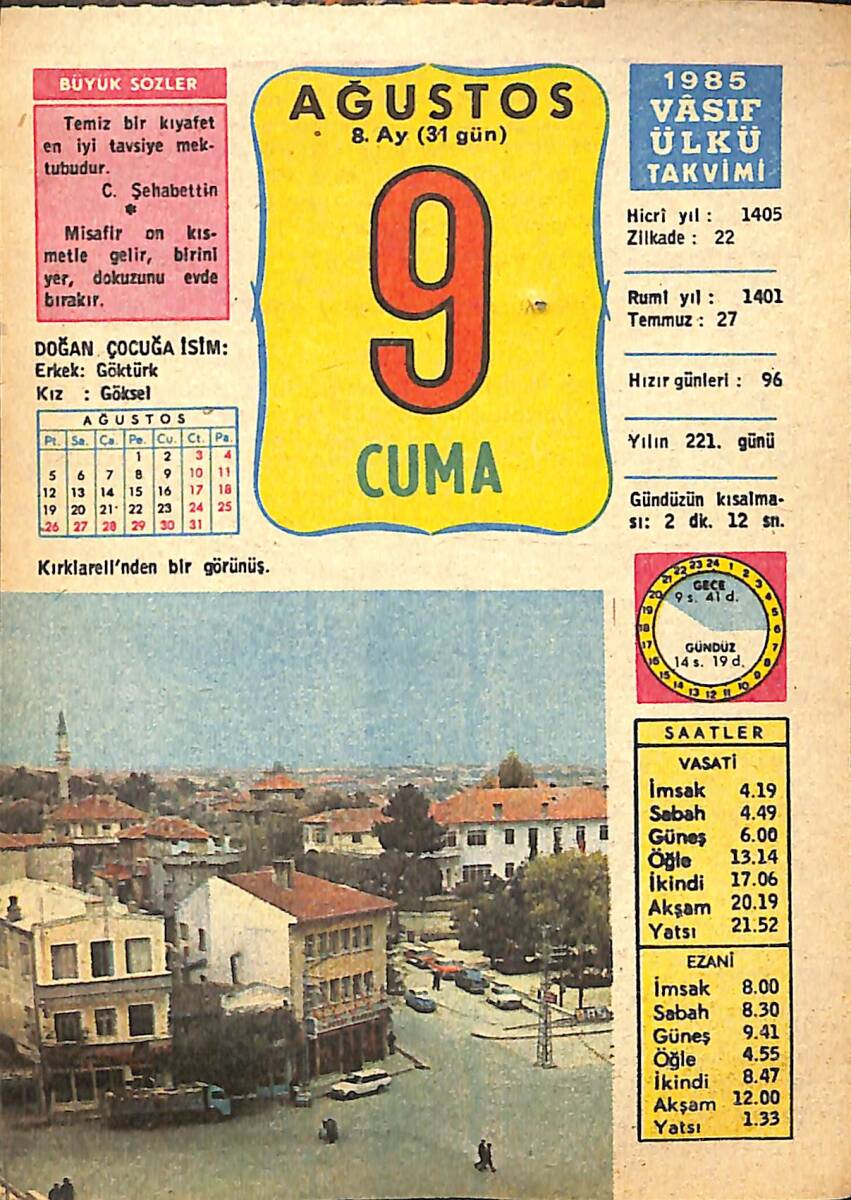 9 Ağustos 1985 Takvim Yaprağı - Doğum Günü Hediyesi EFMN13974 - 1