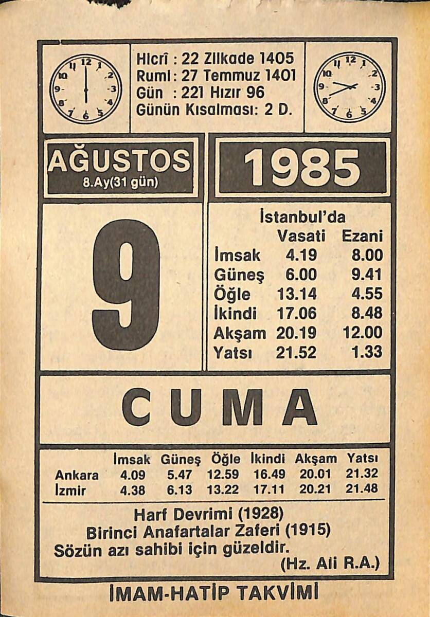 9 Ağustos 1985 Takvim Yaprağı - Doğum Günü Hediyesi EFMN15704 - 1