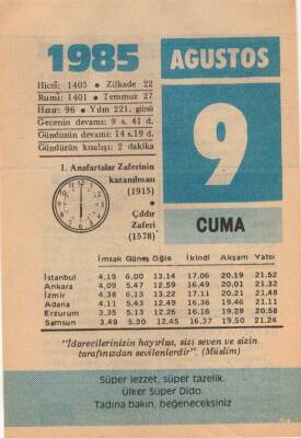 9 Ağustos 1985 Takvim Yaprağı EFM(N)2309 - 1
